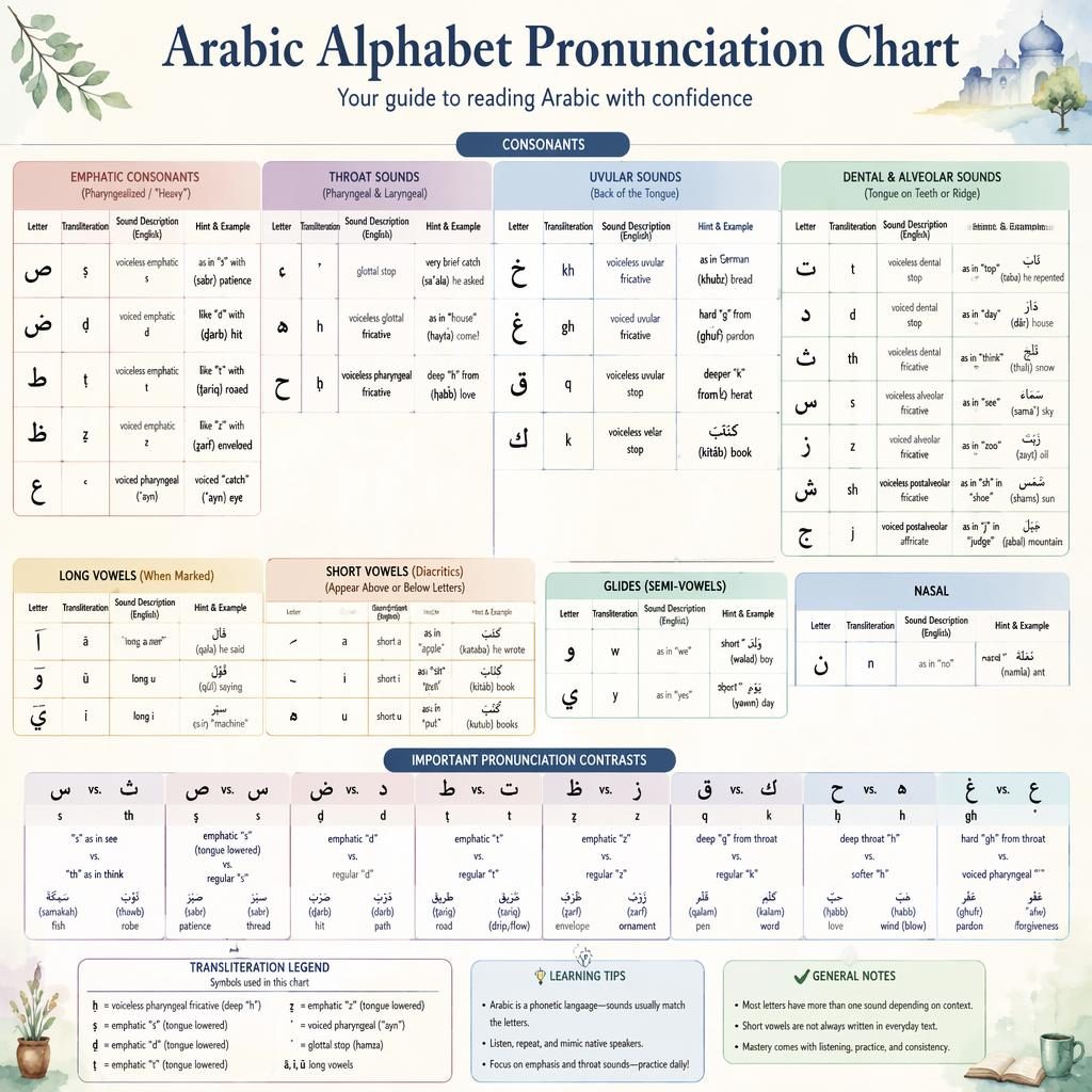 Infographie éducative pastel avec grille de l’alphabet arabe, translittération, sons anglais et légende phonétique.