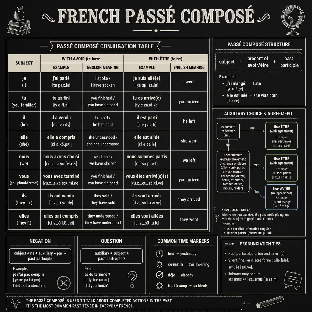 Vintage chalkboard-style French Passé Composé infographic with a central conjugation table, structure panel, rules, and examples.