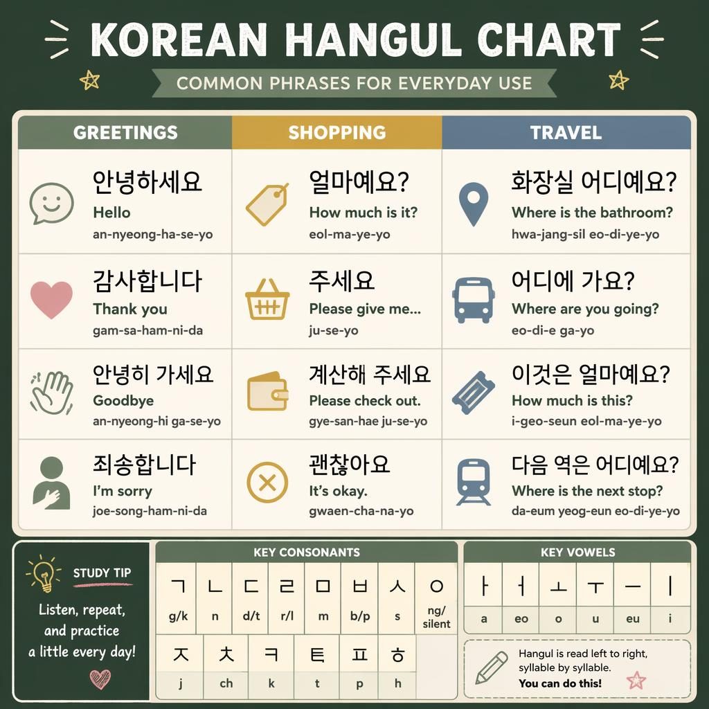 Affiche éducative en grille sur le Hangul coréen, avec phrases utiles, translittérations anglaises et mini-tableau lettres.