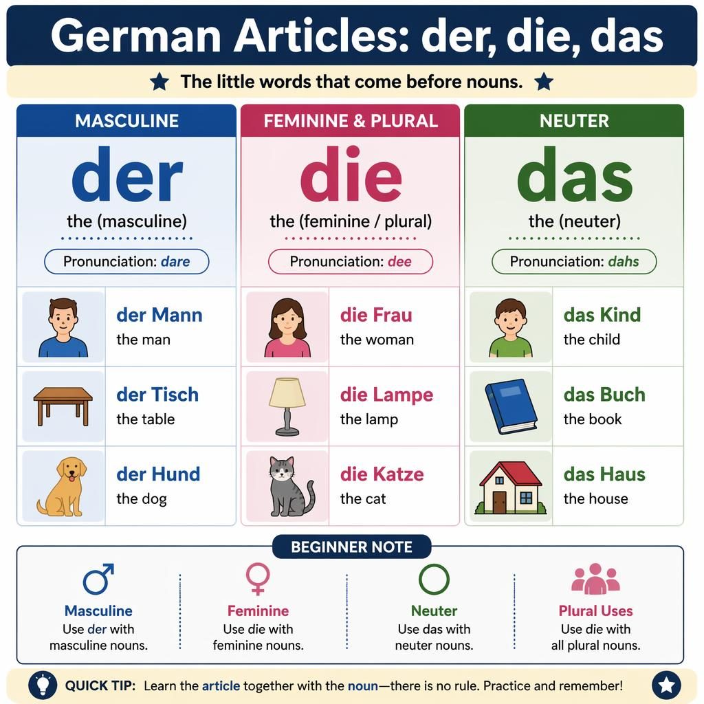 Educational poster with a three-column alphabet table for German articles der, die, das and beginner noun examples.