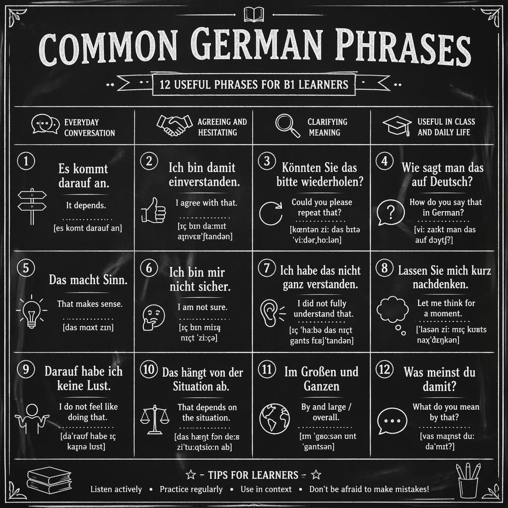 Monochrome chalkboard infographic with a 12-panel grid of common German phrases, English translations, and phonetic hints.