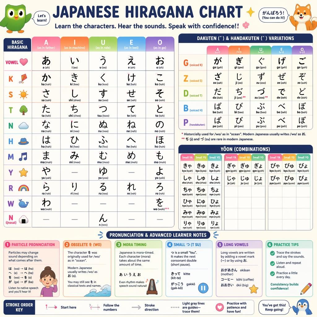 Clean Japanese hiragana chart poster with central grid, romanization, pronunciation notes, dakuten, yōon, and trace guides.