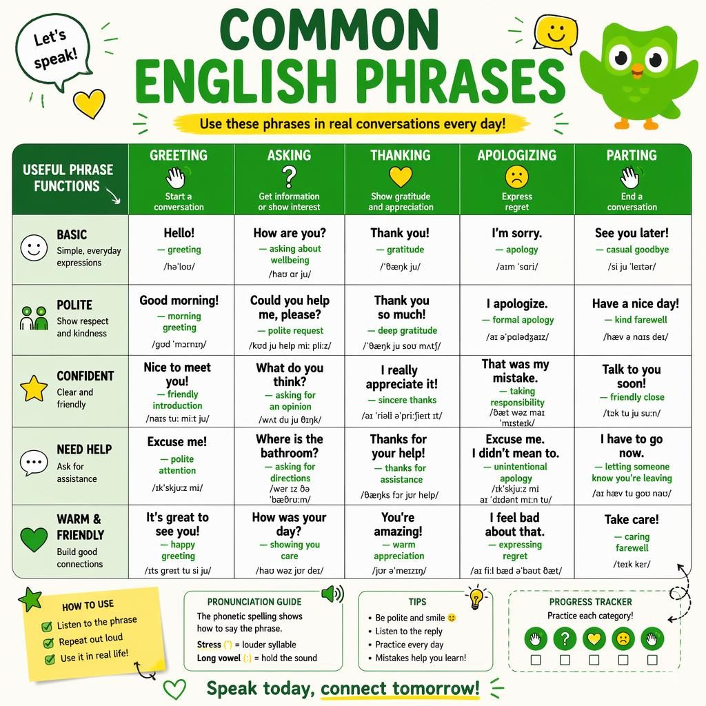 Green and yellow language-learning infographic with a sharp phrase grid, doodle icons, and classroom poster layout.