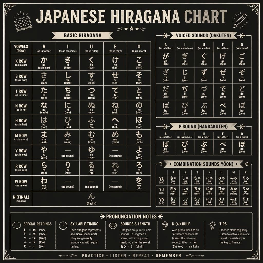 Vintage chalkboard-style infographic poster showing a full Japanese hiragana chart with basic, voiced, and combination sounds.