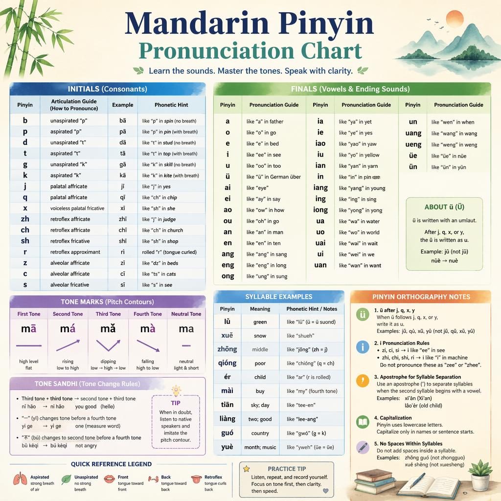 Pastel educational infographic showing a Mandarin Pinyin pronunciation chart with initials, finals, tones, notes, and examples.