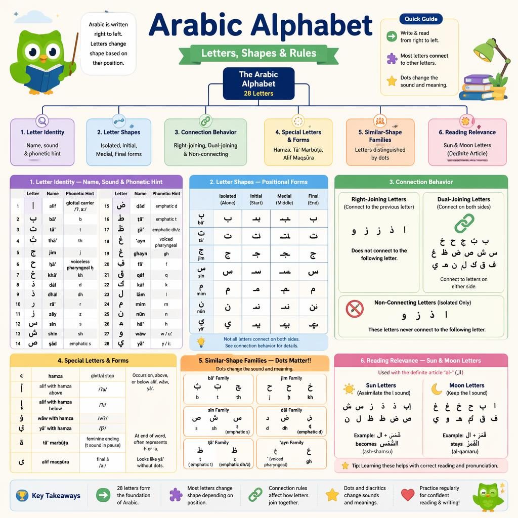Educational Arabic alphabet flowchart poster with English labels, letter forms, joining rules, phonetic hints, and cartoon style.