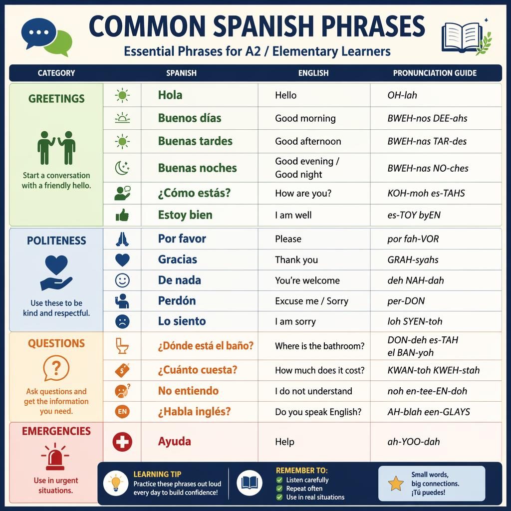 Educational poster grid of common Spanish phrases with English translations, phonetic hints, and section headers.
