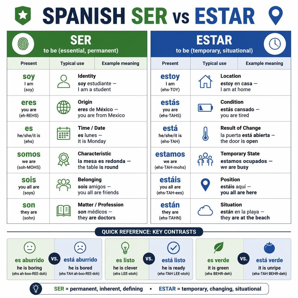 Clean educational poster comparing Spanish SER and ESTAR in two columns with verb forms, uses, examples, and quick-reference strip.