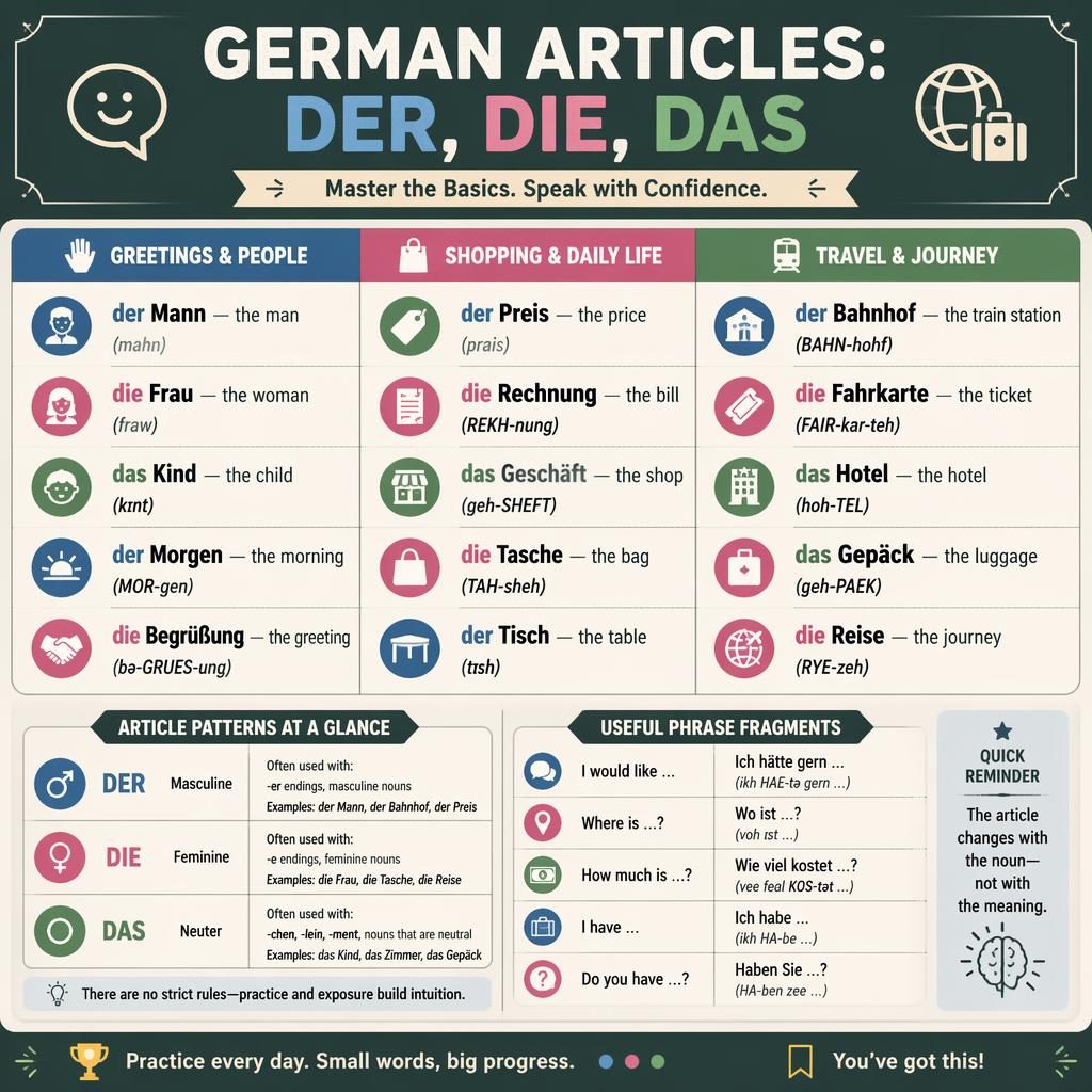 Educational infographic poster showing a grid of German nouns with der, die, das, English translations, and phonetic hints.