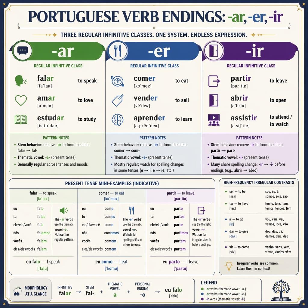 Infographie éducative avec grille centrale sur les verbes portugais en -ar, -er et -ir, exemples, traductions et notes.