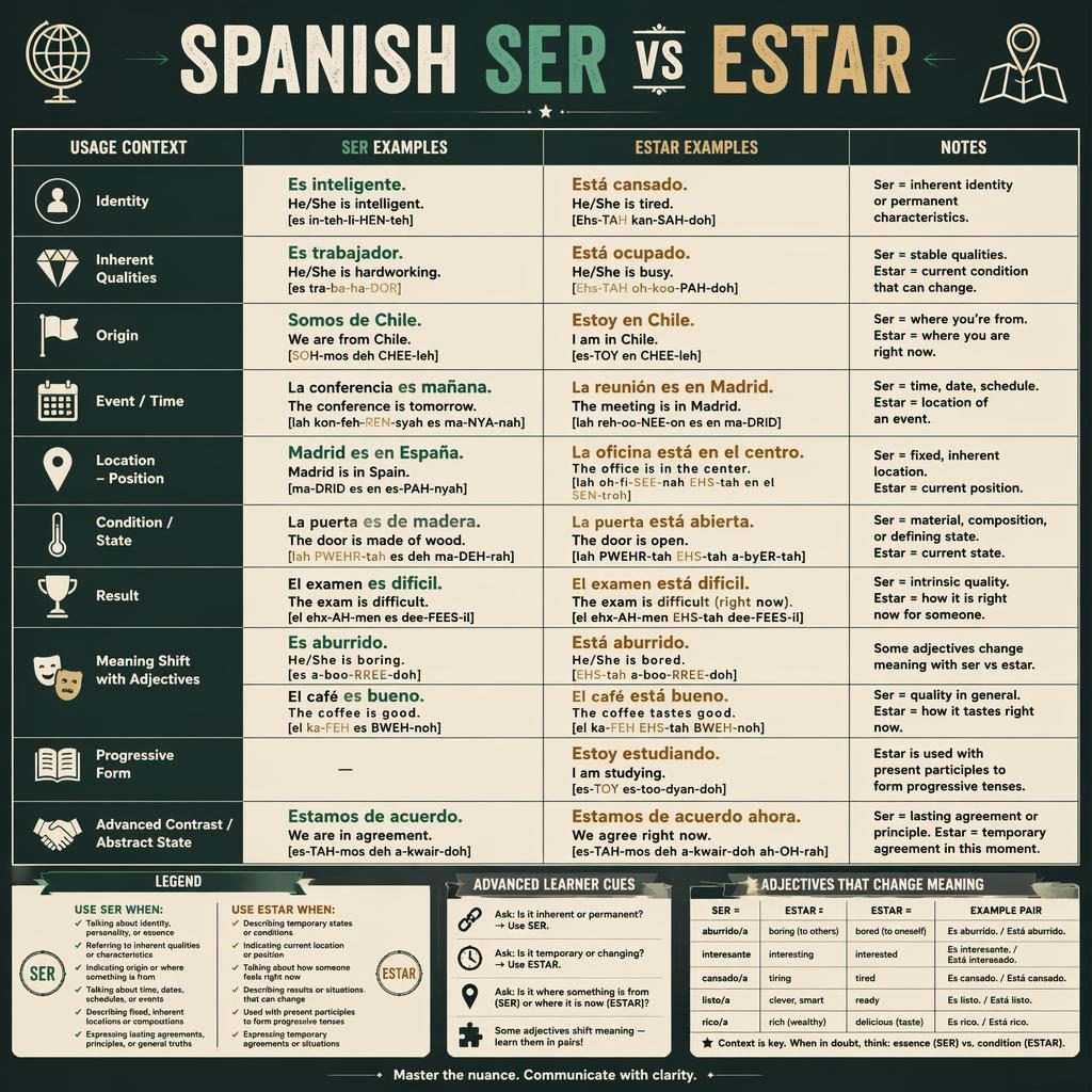 Educational poster grid on Spanish ser vs estar with example phrases, English labels, chalkboard palette, and legend.