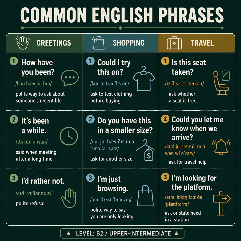 Educational poster with a 3-column grid of common English phrases for greetings, shopping, and travel in flat design.