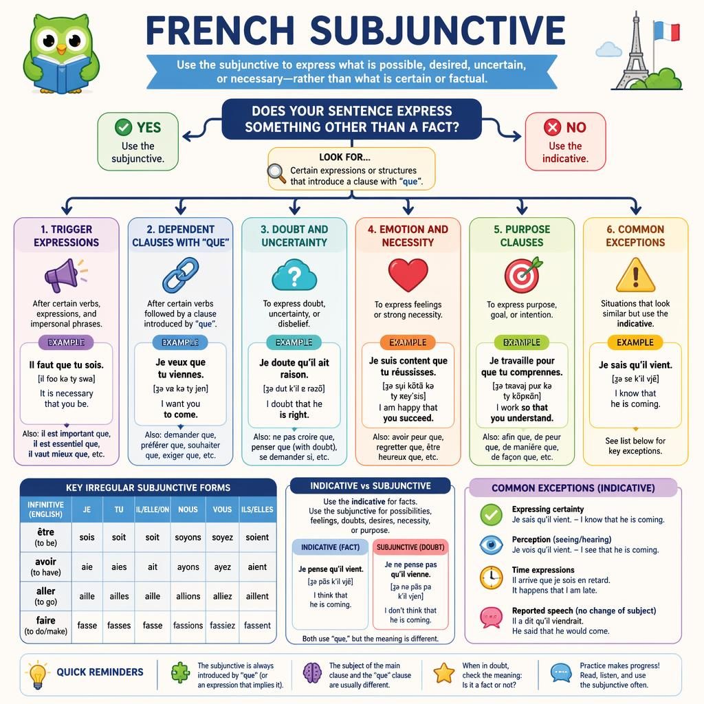 Educational flowchart poster on the French subjunctive with icons, example boxes, rule notes, and an irregular forms table.