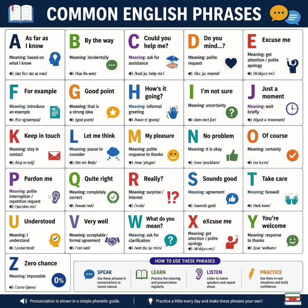 Educational A–Z infographic poster of common English phrases in a clean grid with large letters, meanings, and icons.