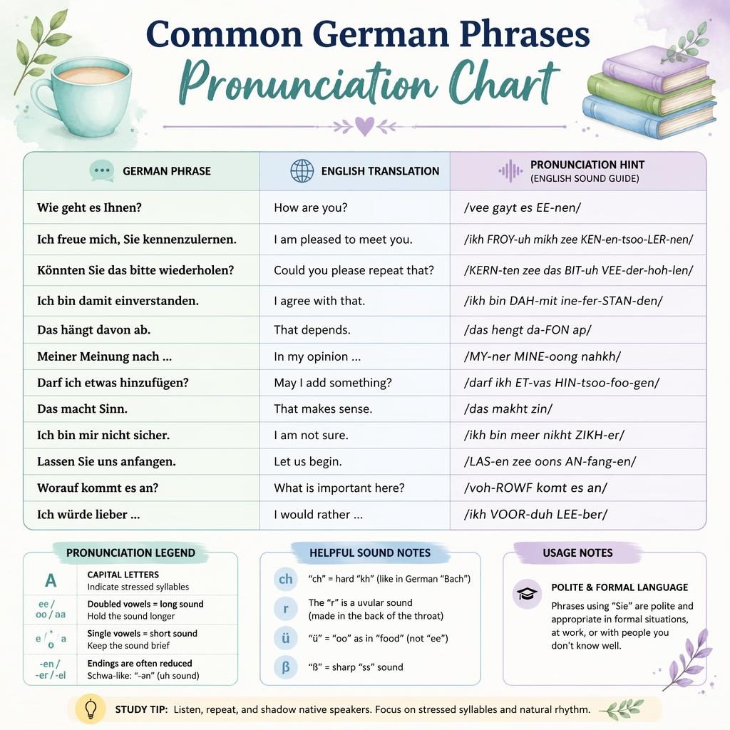 Pastel watercolor infographic poster showing a German phrases pronunciation chart with English translations and phonetic hints.