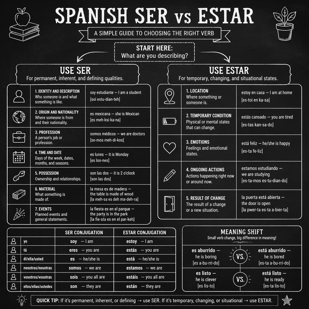 Vintage chalkboard infographic showing a Spanish Ser vs Estar flowchart, examples, conjugation table, and meaning shift box.