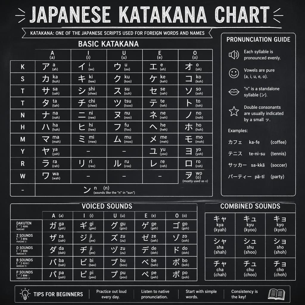 Vintage chalkboard infographic showing a Japanese katakana chart grid with romanization, voiced sounds, and combined sounds.