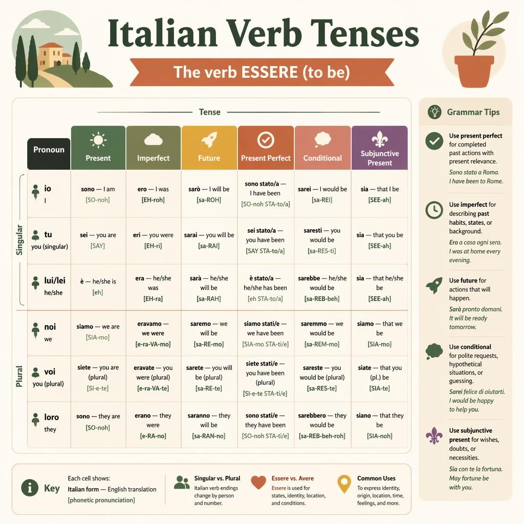 Moderne Lerninfografik mit zentraler Konjugationstabelle zu italienisch essere in sechs Zeiten, mit Pronomen, englischen Labels und Seitennotiz.