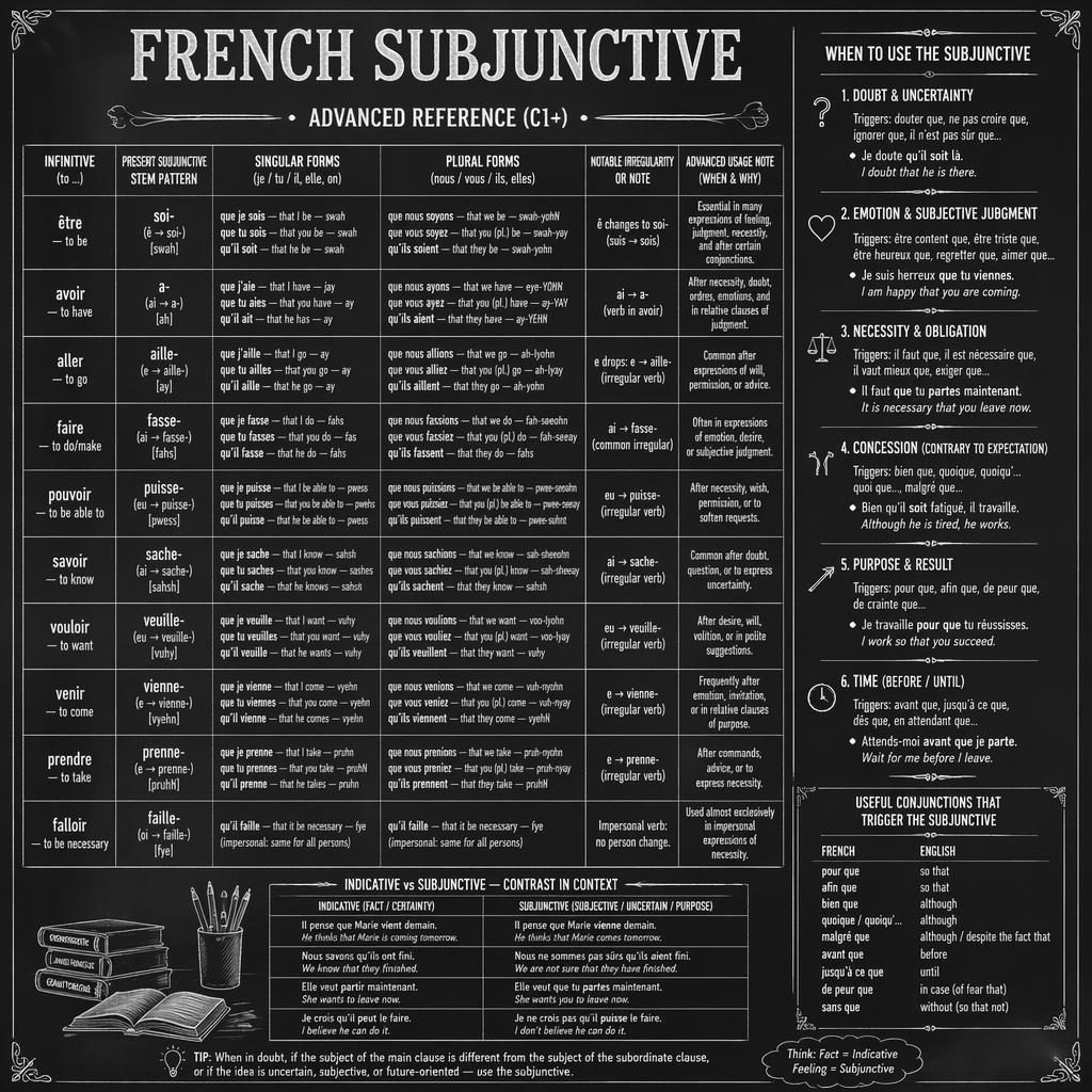 Vintage chalkboard infographic with a French subjunctive conjugation table, grammar notes, and contrast examples.