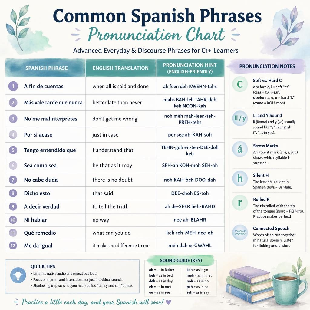 Educational poster showing a central Spanish phrases pronunciation chart with English translations, phonetic hints, and side notes.