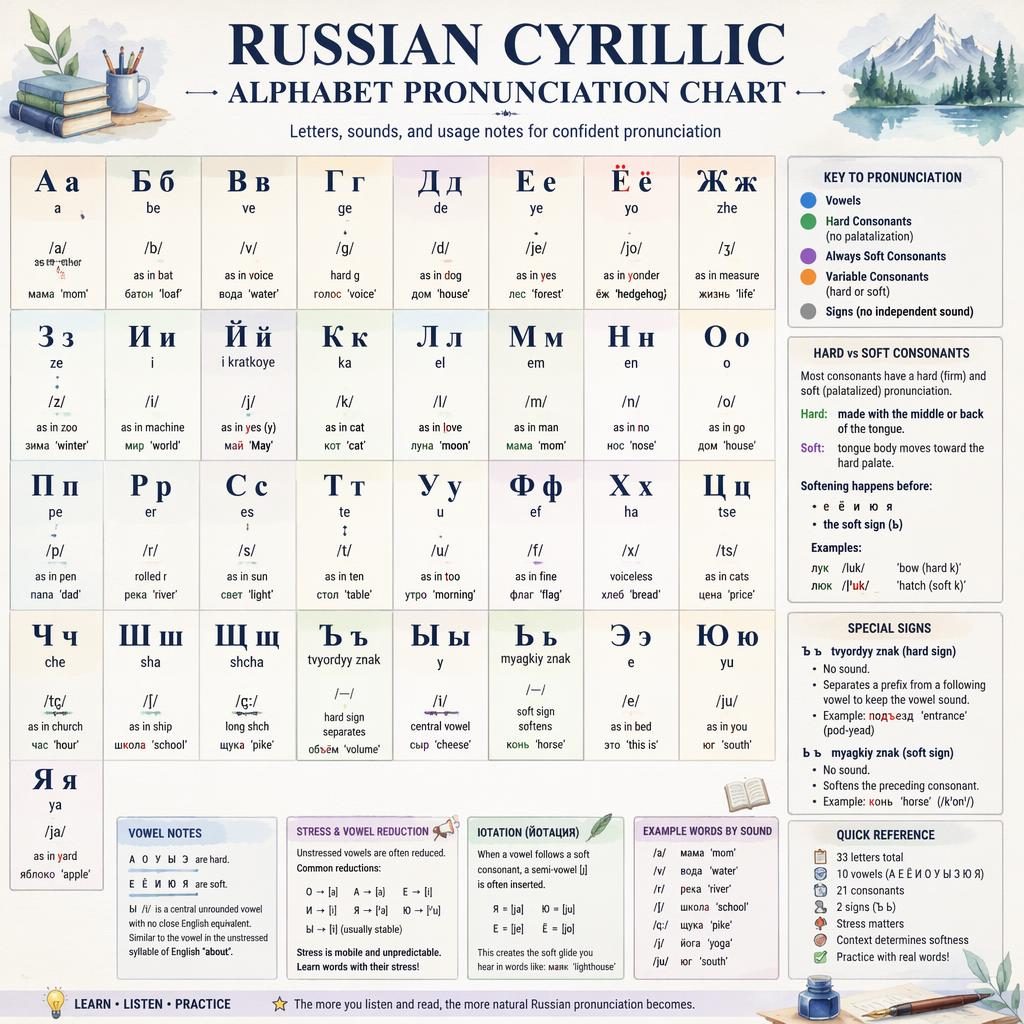 Affiche éducative pastel avec grille nette de l’alphabet cyrillique russe, lettres majuscules/minuscules et notes de prononciation.