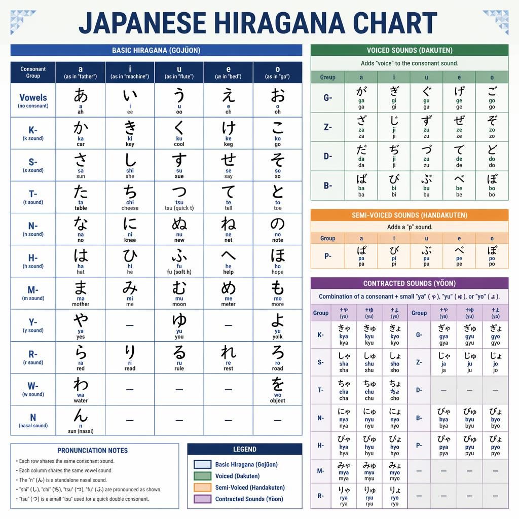 Clean educational poster showing a complete Japanese hiragana chart in a grid with basic, voiced, semi-voiced, and yōon kana.