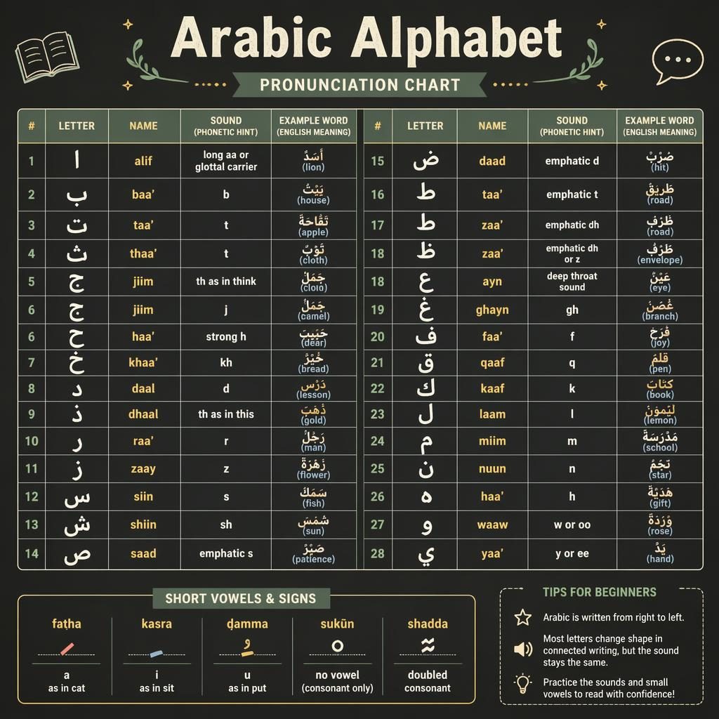 Educational Arabic alphabet grammar infographic chart with letters, transliteration, sound cues, example words, and vowel signs.