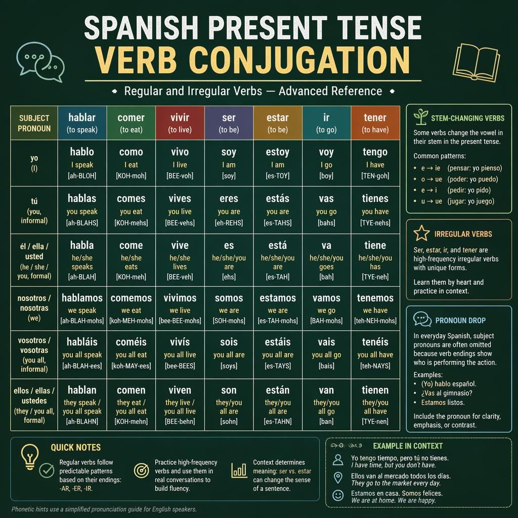 Educational infographic with a central Spanish present tense conjugation table, English labels, side notes, and flat icons.