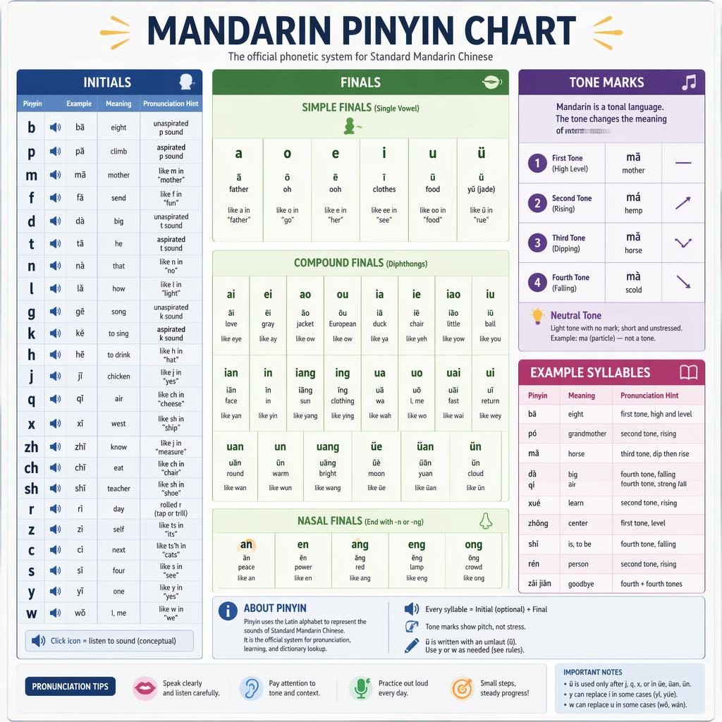 Clean educational poster showing a Mandarin Pinyin chart with initials, finals, tone marks, and example syllables in English.