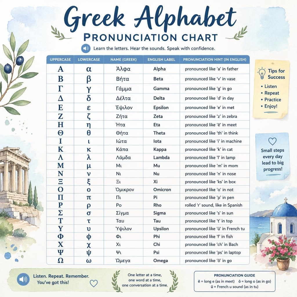 Affiche éducative pastel avec tableau central de l’alphabet grec, lignes alignées, lettres majuscules et minuscules, noms et aide phonétique.