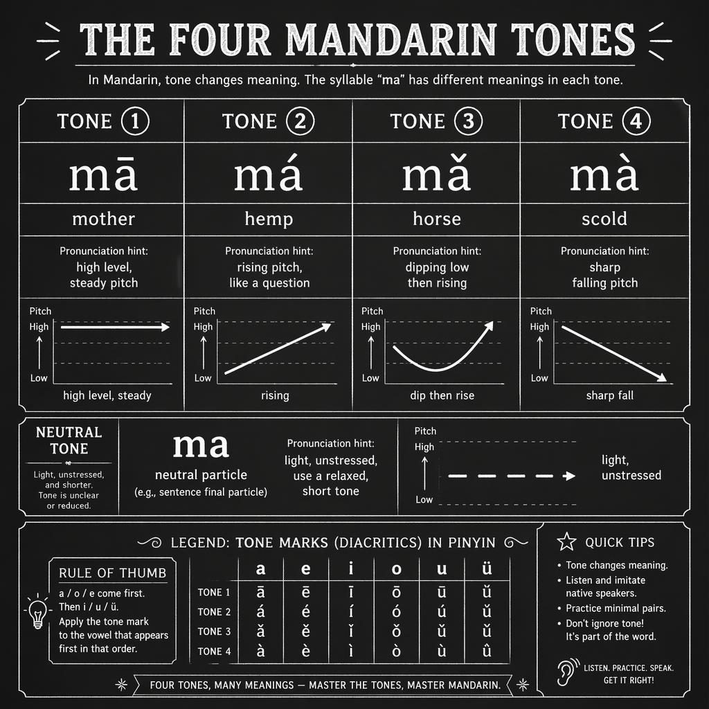 Vintage chalkboard infographic showing a phonemic chart of the four Mandarin tones with pitch lines, Pinyin, English glosses, and legend.
