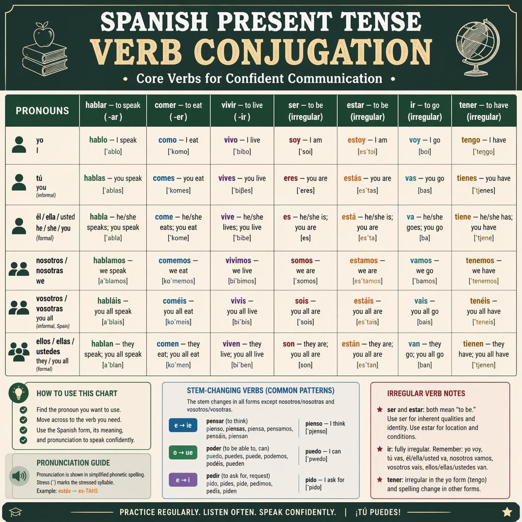 Educational infographic with a Spanish present tense verb conjugation table, pronouns, -ar -er -ir patterns, and irregular verbs.