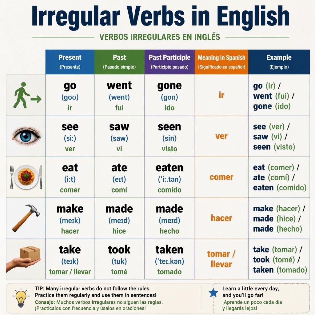 Infografía educativa impresa con tabla de verbos irregulares en inglés para nivel A2 y columnas de presente, pasado y participio.