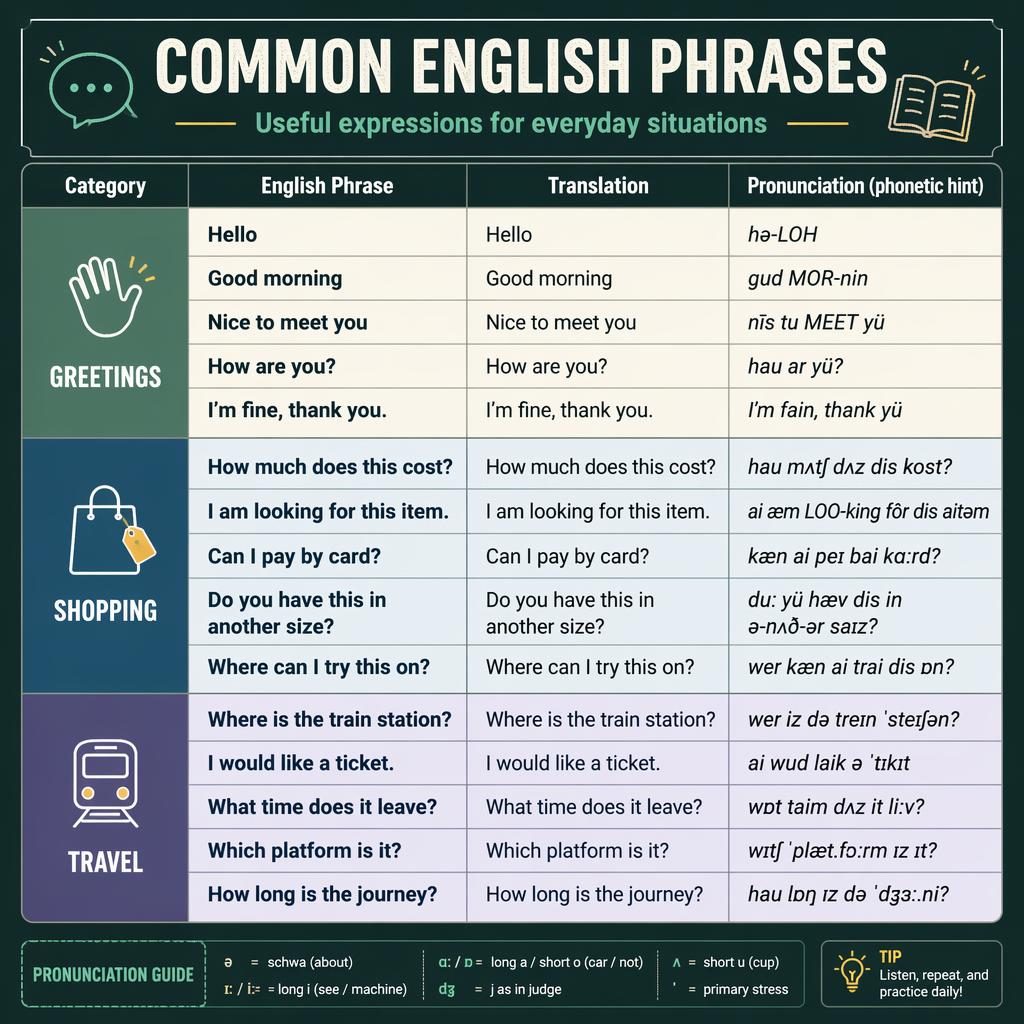 Educational poster showing a three-section grid of common English phrases for greetings, shopping, and travel with simple icons.