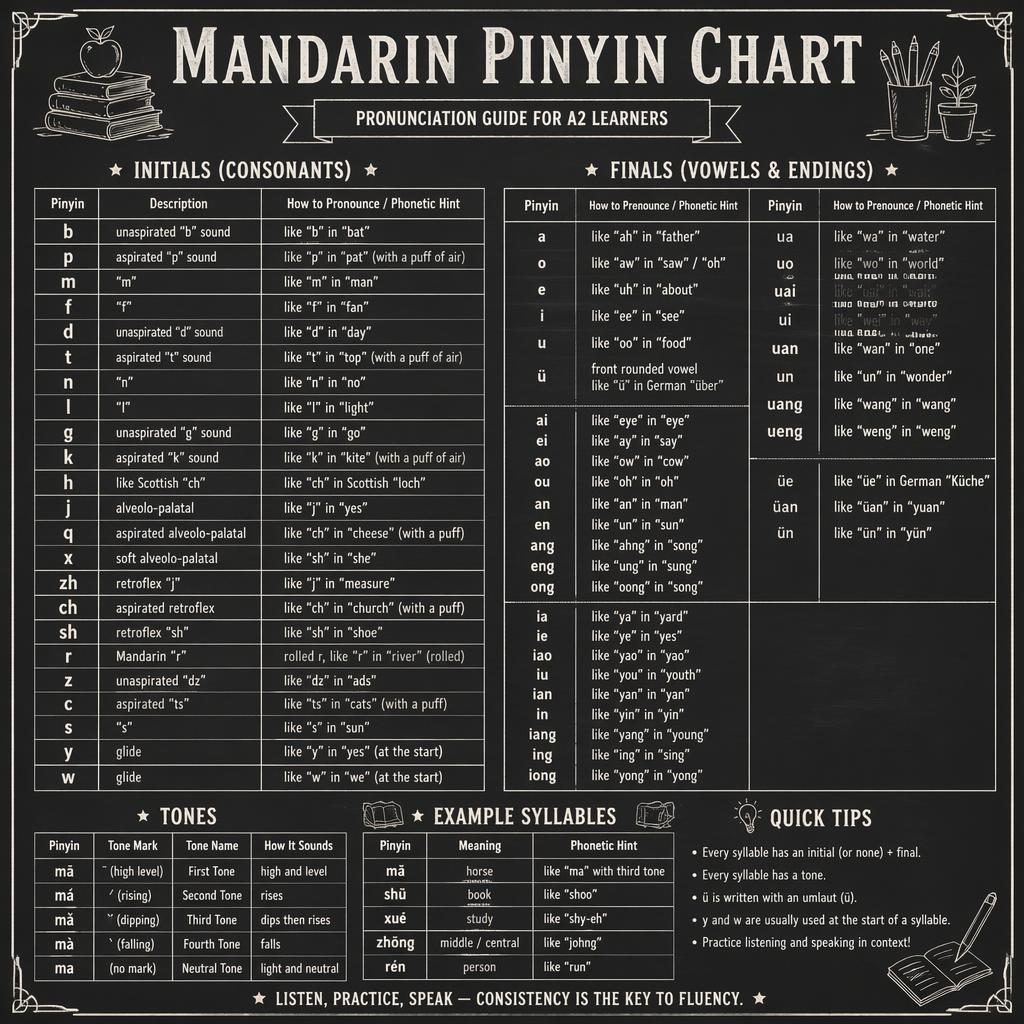 Vintage monochrome chalkboard infographic with a Mandarin Pinyin chart, initials, finals, tones, and example syllables.