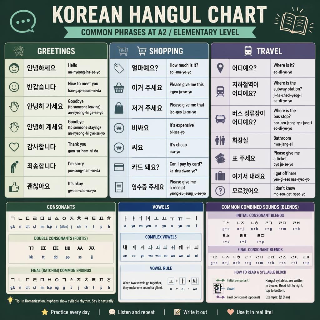 Educational Korean Hangul chart infographic with phrase grid, English translations, phonetic hints, and a digraphs and blends chart strip.