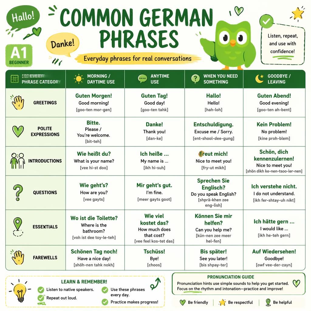Sketchnote-style beginner German phrases table with green and yellow accents, doodles, English labels, and phrase cells.