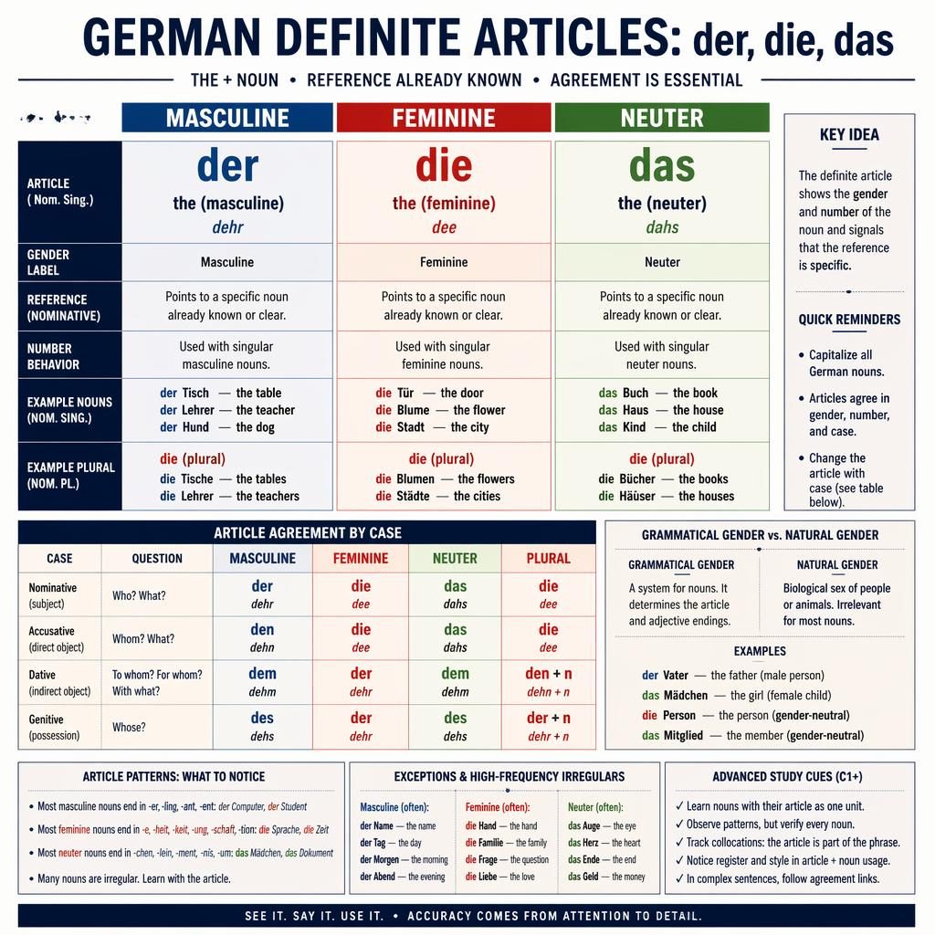 Educational poster with three columns for German definite articles der, die, das, plus examples, translations, and study notes.