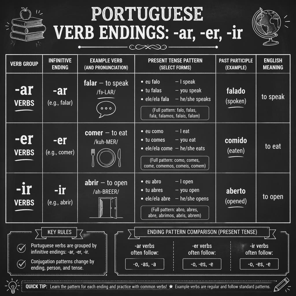 Vintage chalkboard infographic with a Portuguese verb endings table for -ar, -er, and -ir, plus examples and rules.