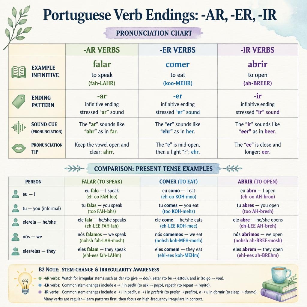 Affiche éducative pastel avec tableau central comparant les verbes portugais en -AR, -ER et -IR.