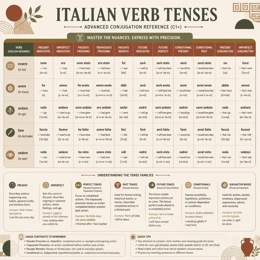 Educational poster with a large Italian verb conjugation table, English labels, earth-tone flashcard design, and subtle geometric motifs.