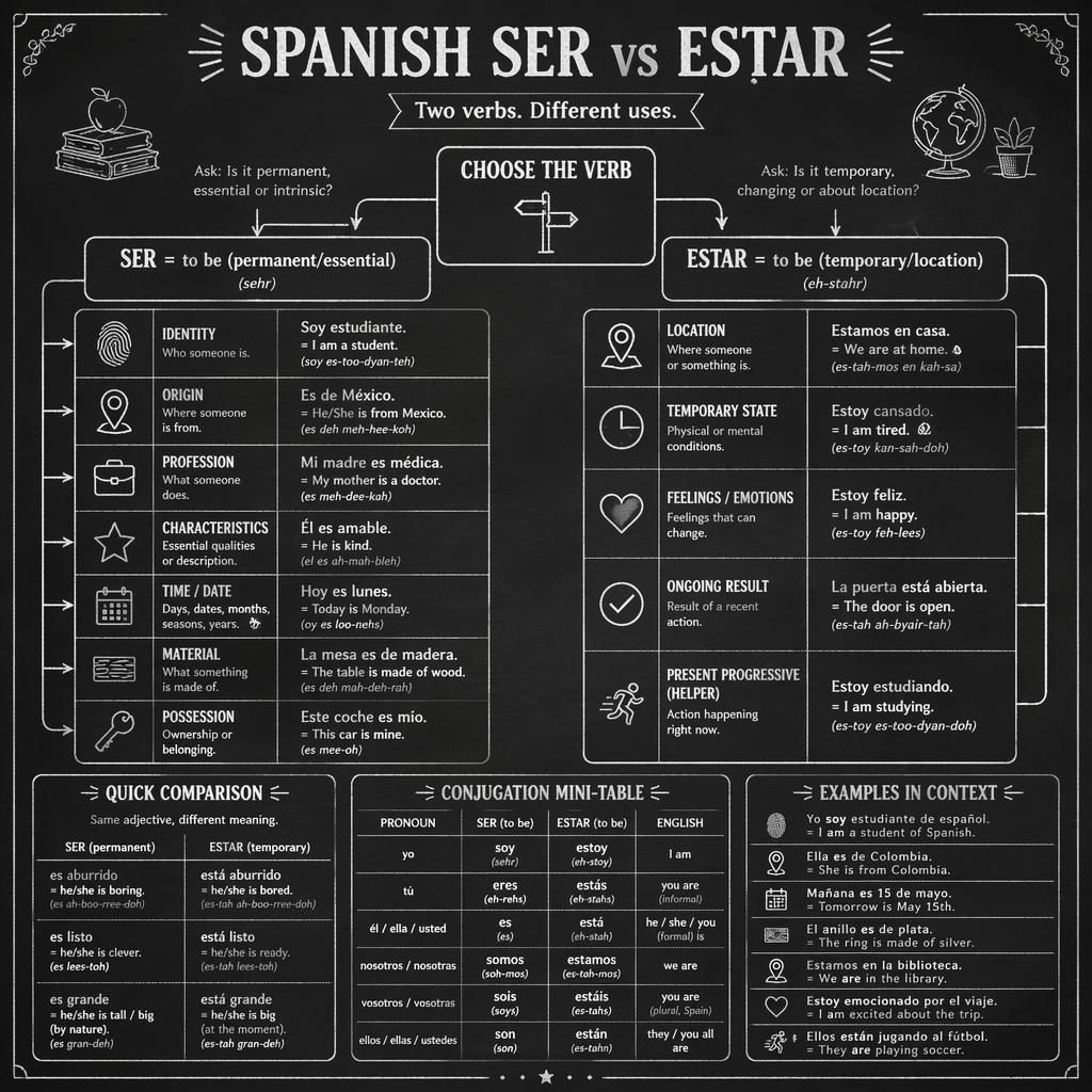 Dark chalkboard infographic with a central Spanish ser vs estar flowchart, examples, comparison box, and mini conjugation table.