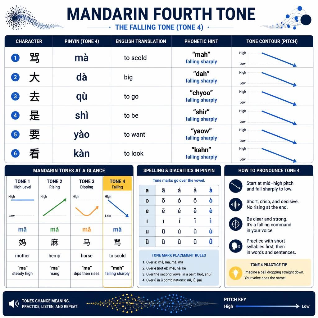 Educational poster showing a Mandarin fourth tone chart with characters, Pinyin, English meanings, phonetic hints, and tone lines.