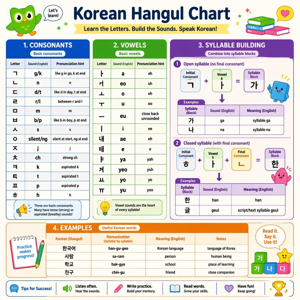 Colorful Korean Hangul chart infographic with English translation, consonants, vowels, syllable blocks, arrows, and examples.