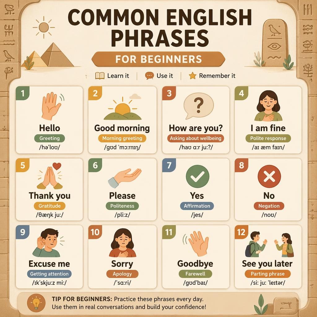 Flashcard-style infographic grid of common English phrases for beginners with icons, warm earth tones, and clear labels.