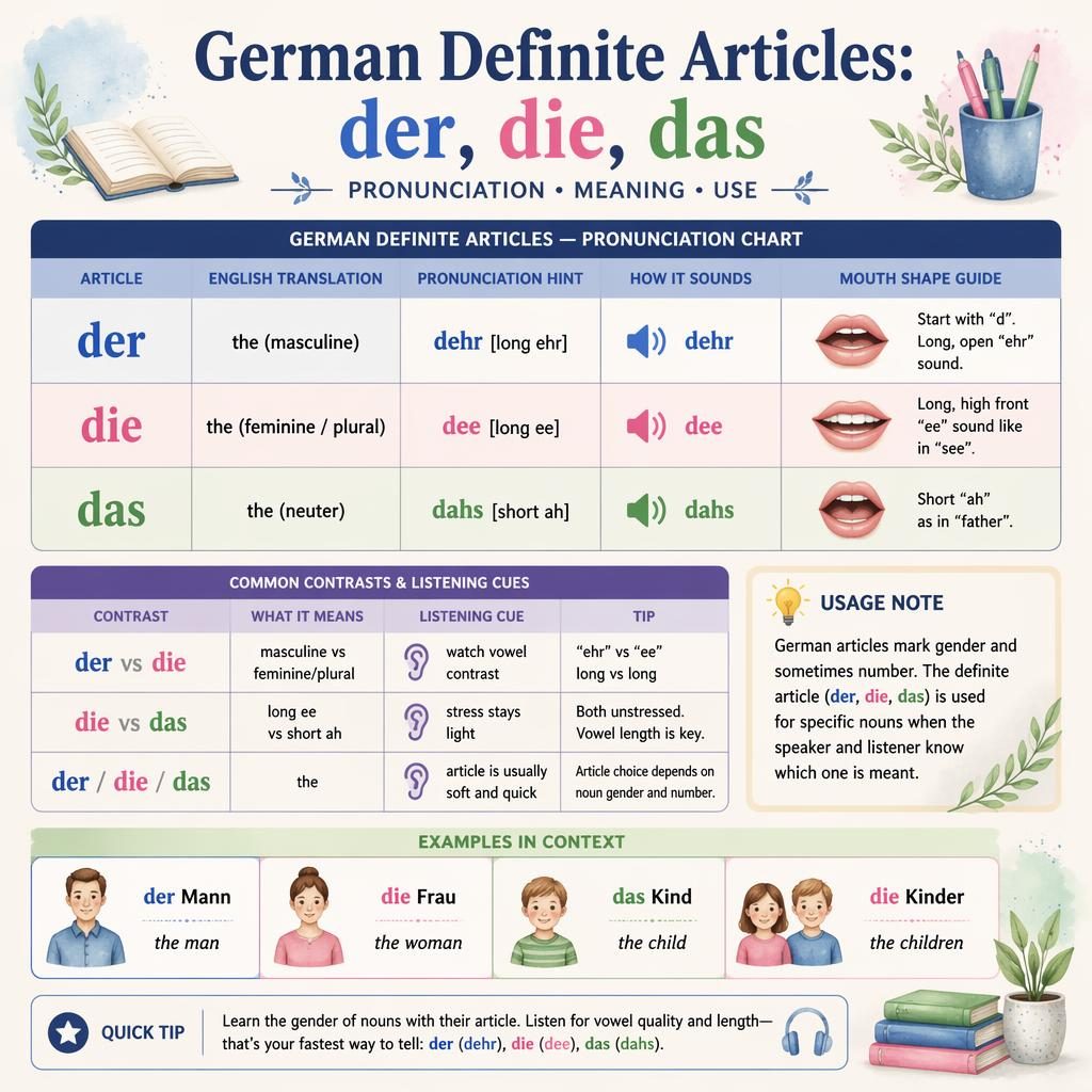 Educational poster showing a German definite articles chart with der, die, das, phonetic hints, usage notes, and comparison cells.