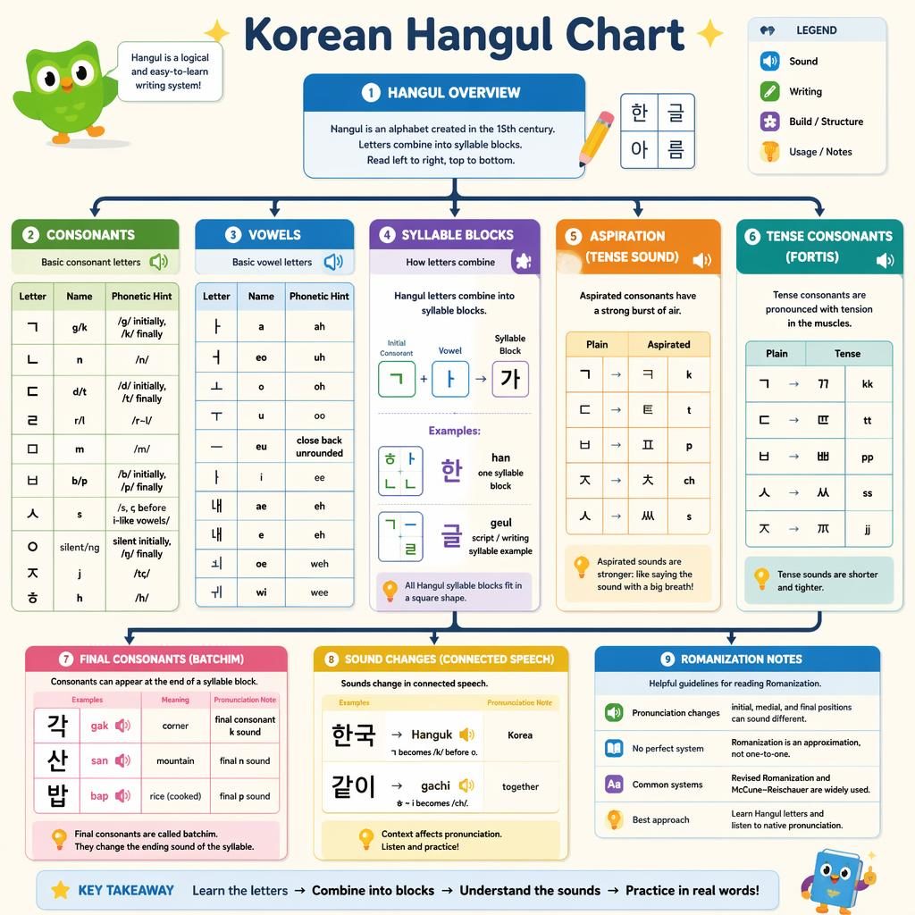 Educational Korean Hangul chart infographic with central grid, flowchart branches, consonants, vowels, syllable blocks, batchim examples.