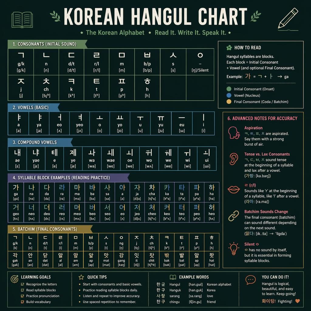 Educational Korean Hangul chart with English translation, showing consonants, vowels, compound vowels, and syllable blocks.