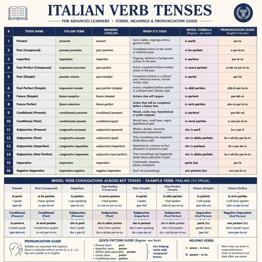 Structured educational poster of Italian verb tenses with a central grid, English translations, and model verb forms.