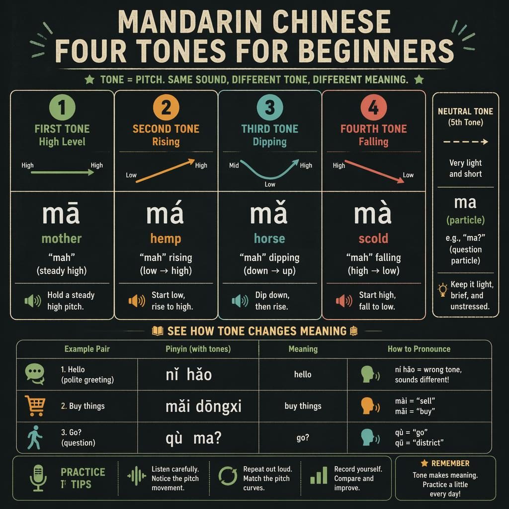 Educational infographic phonemic chart showing 4 Mandarin tones with pinyin examples, pitch arrows, and beginner phrase pairs.